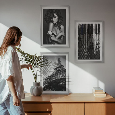 Lot de 3 tableaux pour salon Portrait d'une femme avec une rose Eiffel