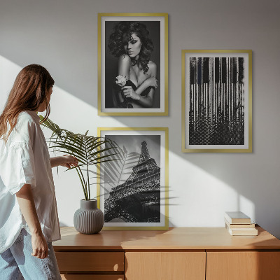 Lot de 3 tableaux pour salon Portrait d'une femme avec une rose Eiffel