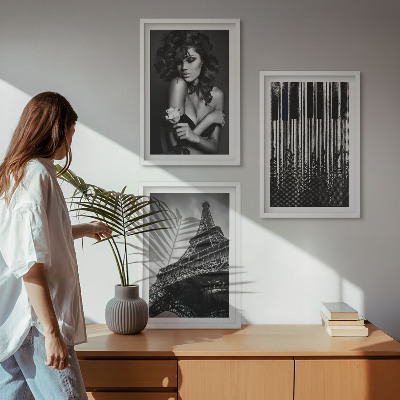 Lot de 3 tableaux pour salon Portrait d'une femme avec une rose Eiffel