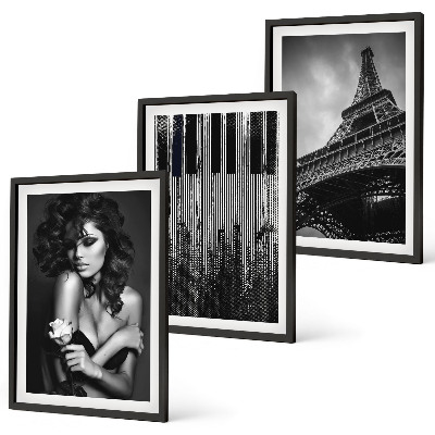 Lot de 3 tableaux pour salon Portrait d'une femme avec une rose Eiffel