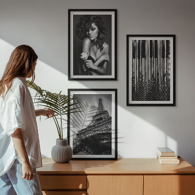 Lot de 3 tableaux pour salon Portrait d'une femme avec une rose Eiffel