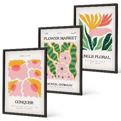 Lot de 3 tableaux pour salon affiches modernes avec motifs de fleurs et de feuilles