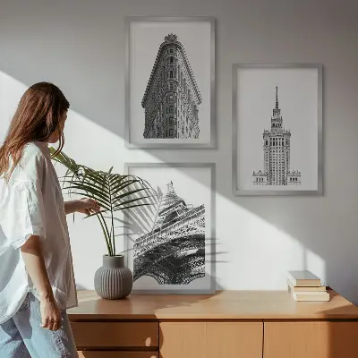 Cadre photo mural représentant des bâtiments architecturaux en noir et blanc