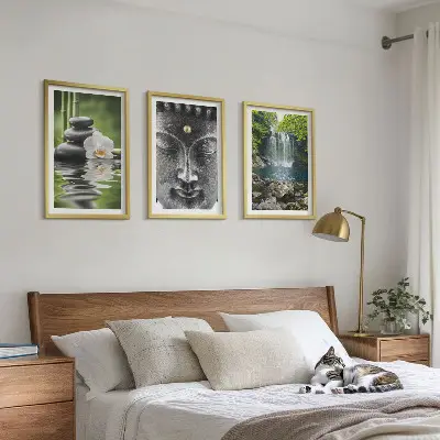 Lot de 3 tableaux pour salon motif pierres d'harmonie et eau avec Bouddha