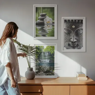 Lot de 3 tableaux pour salon motif pierres d'harmonie et eau avec Bouddha