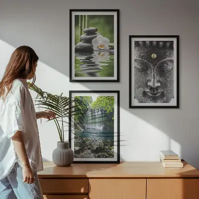 Lot de 3 tableaux pour salon motif pierres d'harmonie et eau avec Bouddha