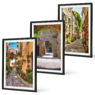 Lot de 3 tableaux pour salon représentant des rues italiennes avec fleurs et architecture