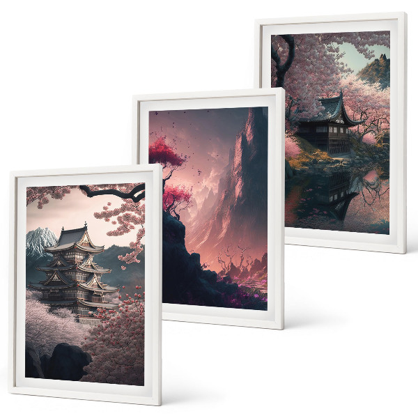 Lot de 3 tableaux pour salon Paysages fantastiques des montagnes japonaises