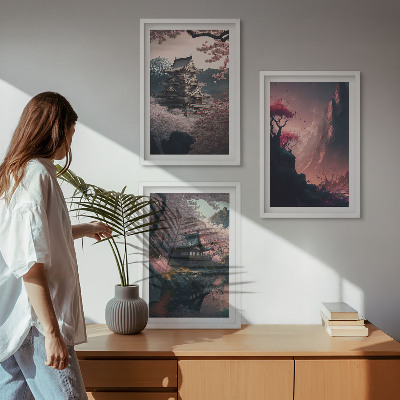 Lot de 3 tableaux pour salon Paysages fantastiques des montagnes japonaises