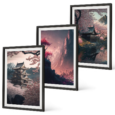 Lot de 3 tableaux pour salon Paysages fantastiques des montagnes japonaises