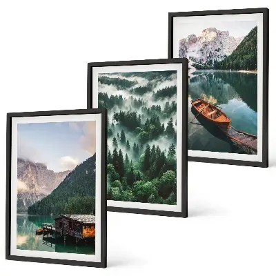 Cadre photo mural lac de montagne avec bateau et brouillard forestier