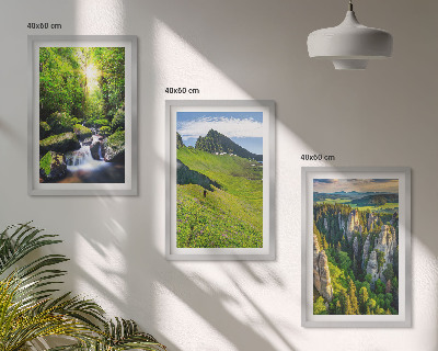 Lot de 3 tableaux pour salon Montagnes vertes, cascade, forêt