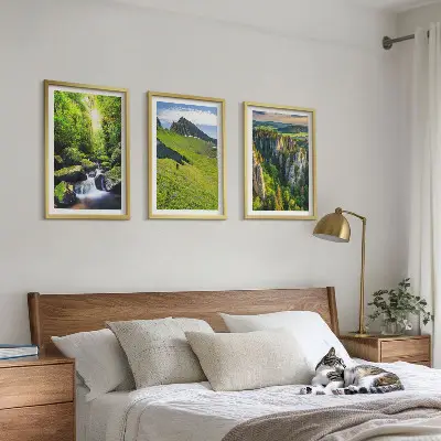 Lot de 3 tableaux pour salon montagnes vertes, cascade et forêt