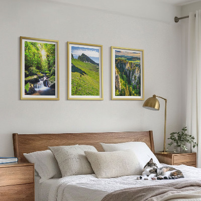 Lot de 3 tableaux pour salon Montagnes vertes, cascade, forêt