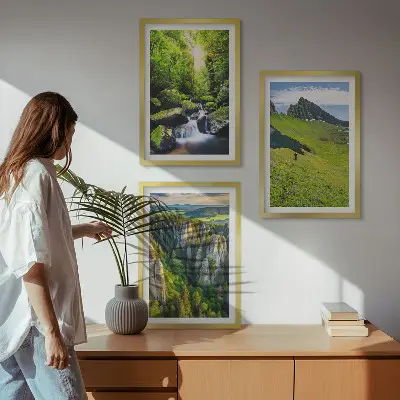 Lot de 3 tableaux pour salon montagnes vertes, cascade et forêt