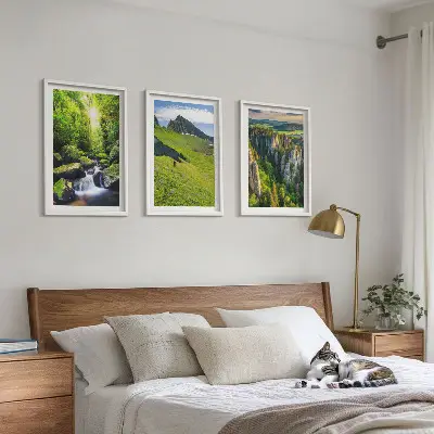 Lot de 3 tableaux pour salon montagnes vertes, cascade et forêt