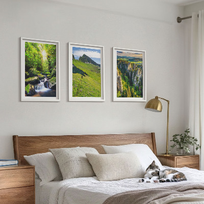 Lot de 3 tableaux pour salon Montagnes vertes, cascade, forêt