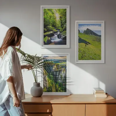 Lot de 3 tableaux pour salon montagnes vertes, cascade et forêt