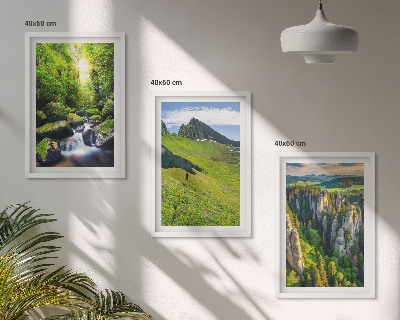 Lot de 3 tableaux pour salon Montagnes vertes, cascade, forêt
