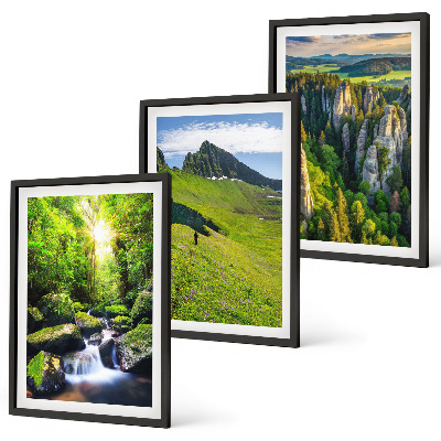 Lot de 3 tableaux pour salon Montagnes vertes, cascade, forêt