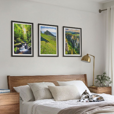 Lot de 3 tableaux pour salon Montagnes vertes, cascade, forêt