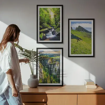Lot de 3 tableaux pour salon montagnes vertes, cascade et forêt