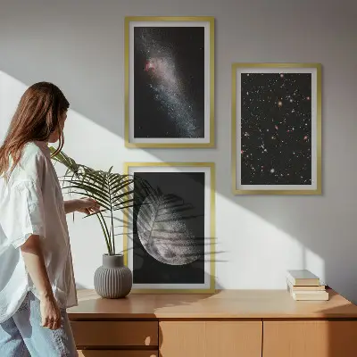 Lot de 3 tableaux pour salon motif espace galaxies étoiles et lune