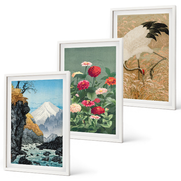 Lot de 3 tableaux pour salon Paysage de montagnes rivière fleurs grues