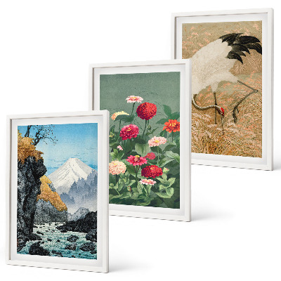 Lot de 3 tableaux pour salon Paysage de montagnes rivière fleurs grues
