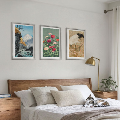 Lot de 3 tableaux pour salon Paysage de montagnes rivière fleurs grues