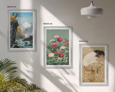 Lot de 3 tableaux pour salon représentant un paysage de montagnes, rivière, fleurs et grues