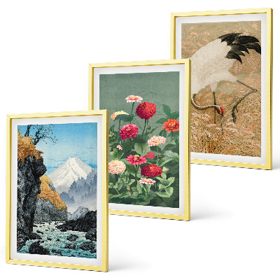 Lot de 3 tableaux pour salon Paysage de montagnes rivière fleurs grues