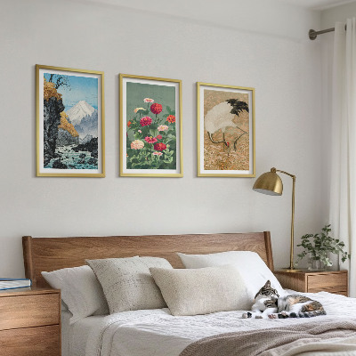 Lot de 3 tableaux pour salon Paysage de montagnes rivière fleurs grues