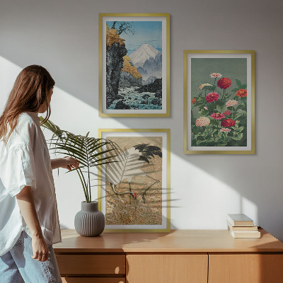 Lot de 3 tableaux pour salon Paysage de montagnes rivière fleurs grues