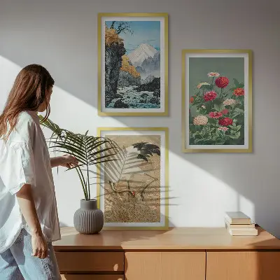 Lot de 3 tableaux pour salon représentant un paysage de montagnes, rivière, fleurs et grues
