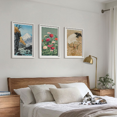 Lot de 3 tableaux pour salon Paysage de montagnes rivière fleurs grues