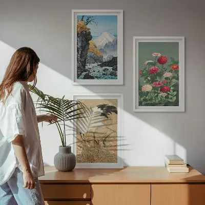 Lot de 3 tableaux pour salon représentant un paysage de montagnes, rivière, fleurs et grues