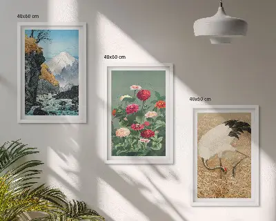 Lot de 3 tableaux pour salon représentant un paysage de montagnes, rivière, fleurs et grues