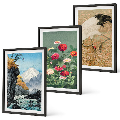 Lot de 3 tableaux pour salon Paysage de montagnes rivière fleurs grues