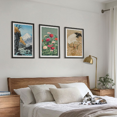 Lot de 3 tableaux pour salon Paysage de montagnes rivière fleurs grues