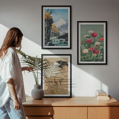 Lot de 3 tableaux pour salon Paysage de montagnes rivière fleurs grues