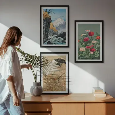 Lot de 3 tableaux pour salon représentant un paysage de montagnes, rivière, fleurs et grues