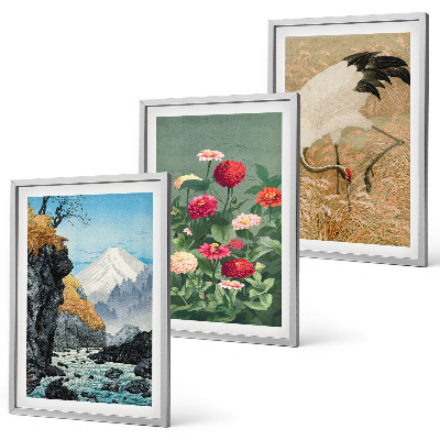 Lot de 3 tableaux pour salon Paysage de montagnes rivière fleurs grues