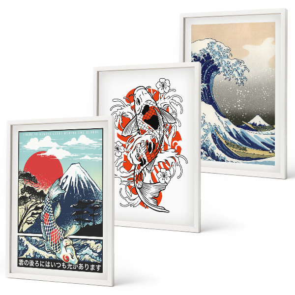 Lot de 3 tableaux pour salon Montagnes de poissons Grande vague Japon