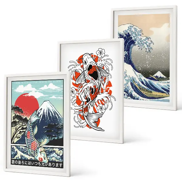 Lot de 3 tableaux pour salon motif montagnes et la grande vague du Japon