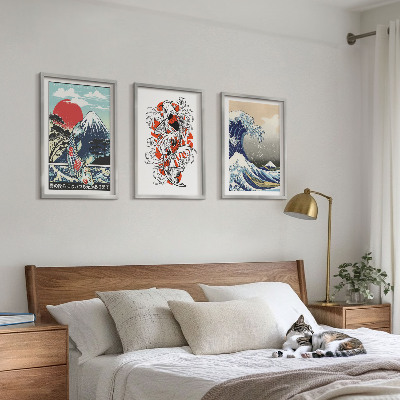 Lot de 3 tableaux pour salon Montagnes de poissons Grande vague Japon