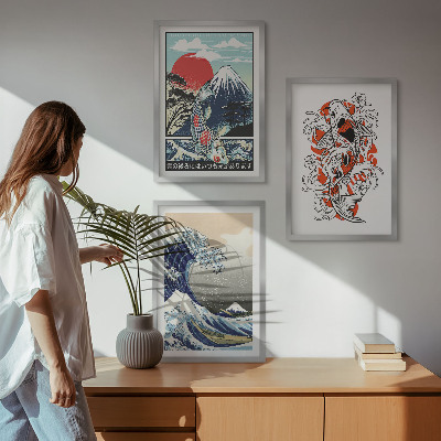 Lot de 3 tableaux pour salon Montagnes de poissons Grande vague Japon