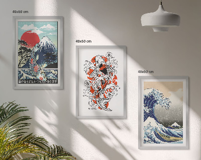 Lot de 3 tableaux pour salon Montagnes de poissons Grande vague Japon