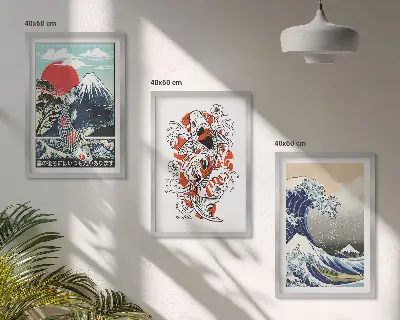Lot de 3 tableaux pour salon motif montagnes et la grande vague du Japon