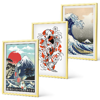 Lot de 3 tableaux pour salon Montagnes de poissons Grande vague Japon